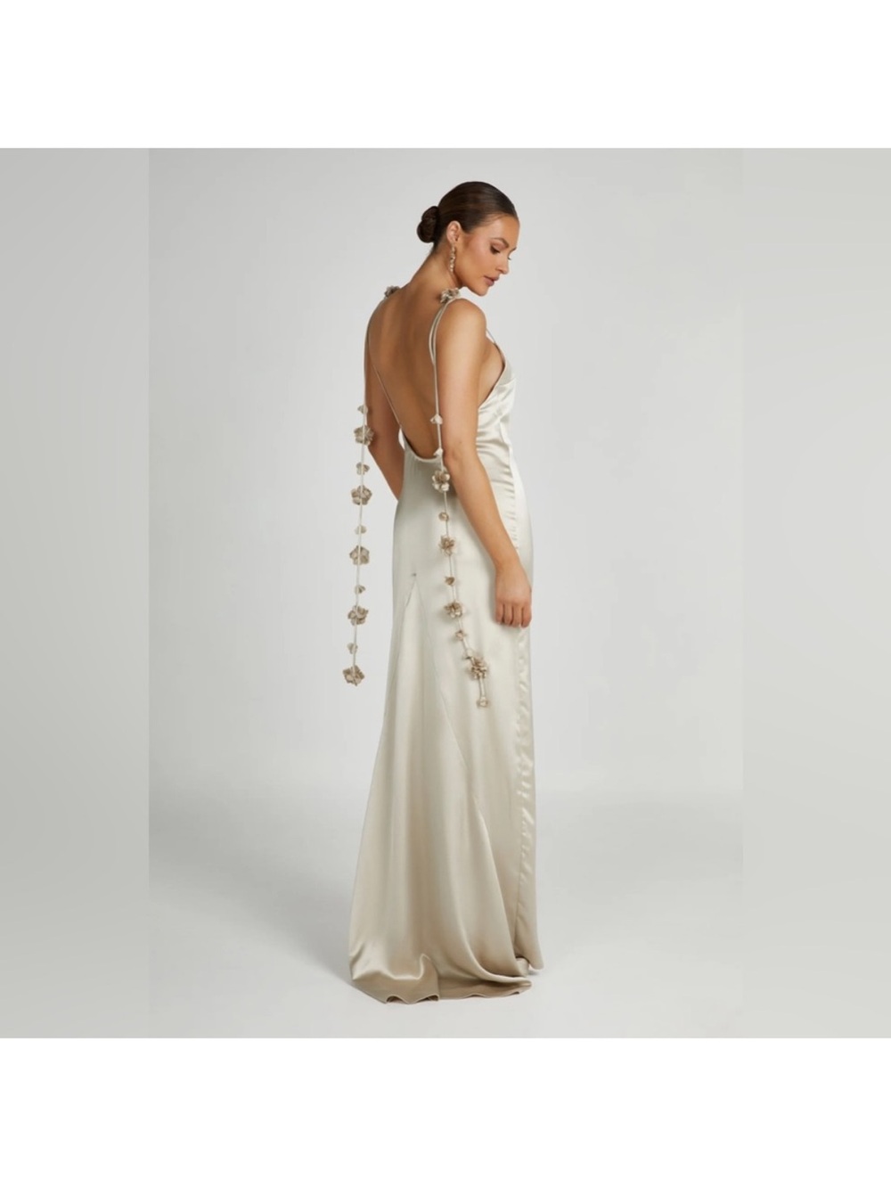 Meshki Champagne Satin Backless Mini Slip Dress with Floral Ties